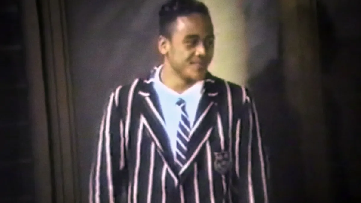 Young Jonah Lomu in a striped Wesley College blazer
